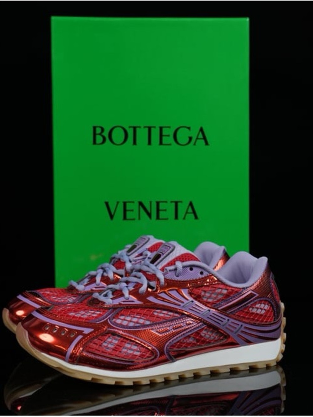 Bottega Veneta Red and Purple Metallic Mesh Sneakers
